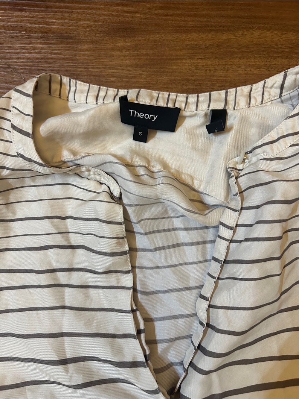 Theory Cream and Gray Striped Collarless Silk Blouse